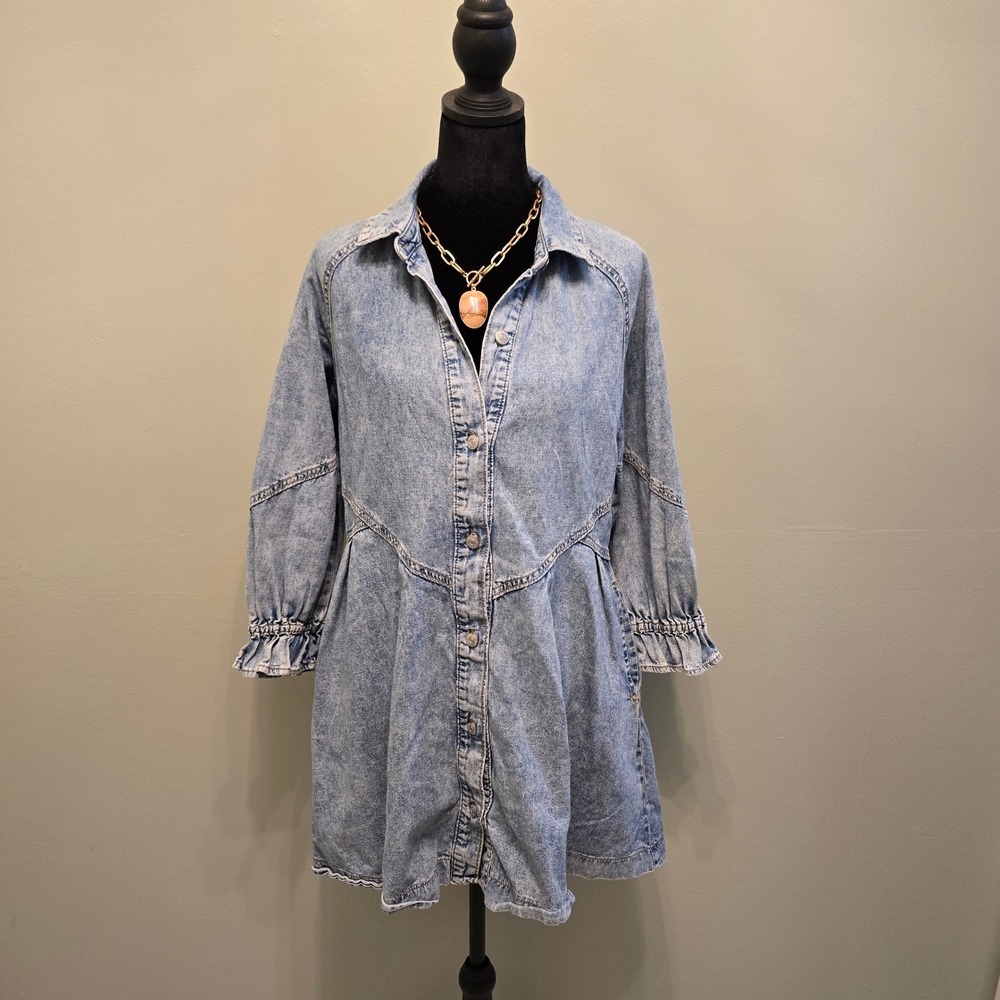 We The Free Free People Denim Mini Shirt Dress Light Acid Wash Blue XS Pockets